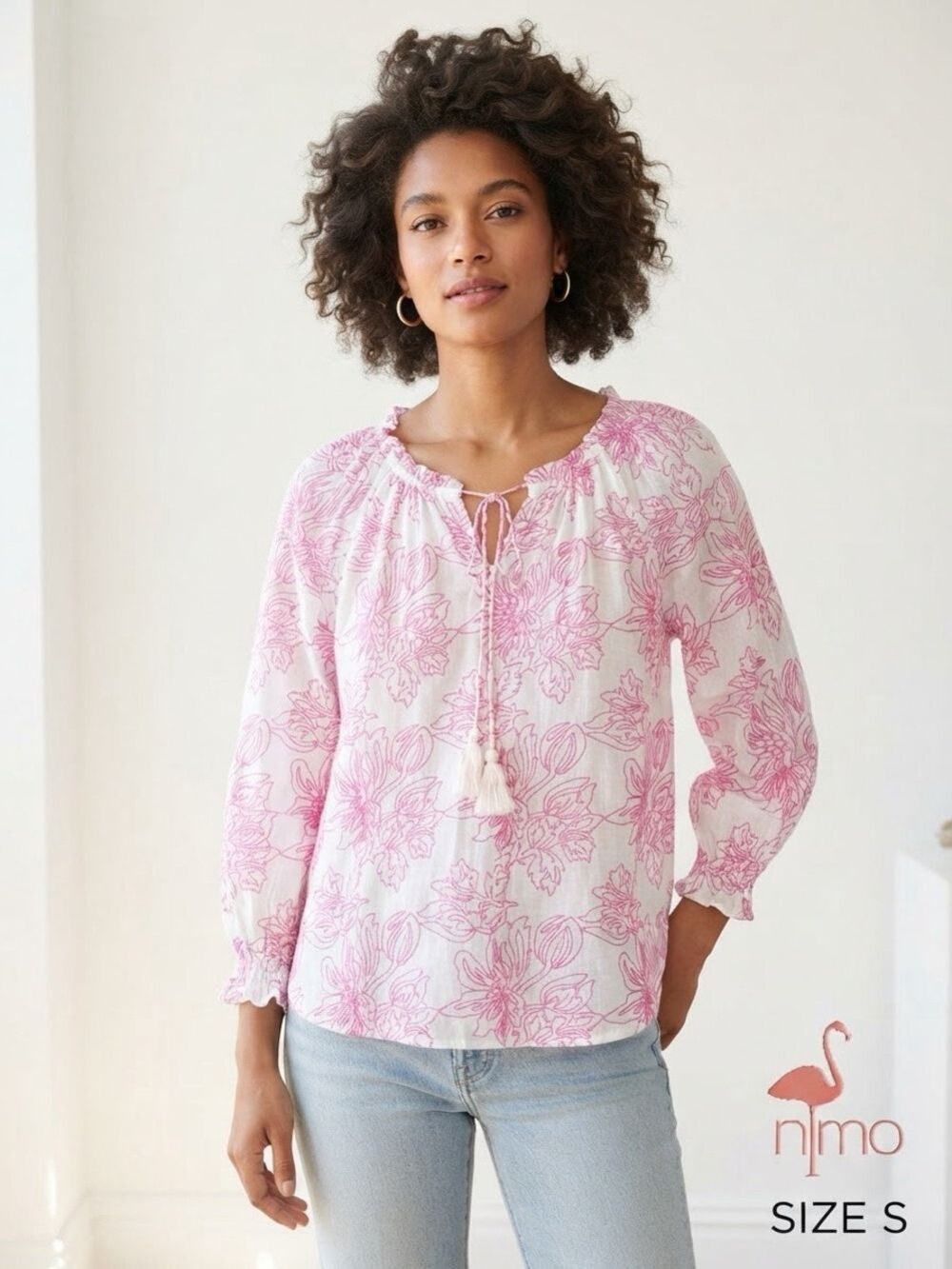 Nimo with Love Pink White Floral Block Print Peasant Blouse Sz S Tuckernuck